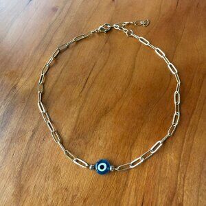 Evil Eye Paper Clip Necklace Gold-Tone Chain 14 inches to 16 inches